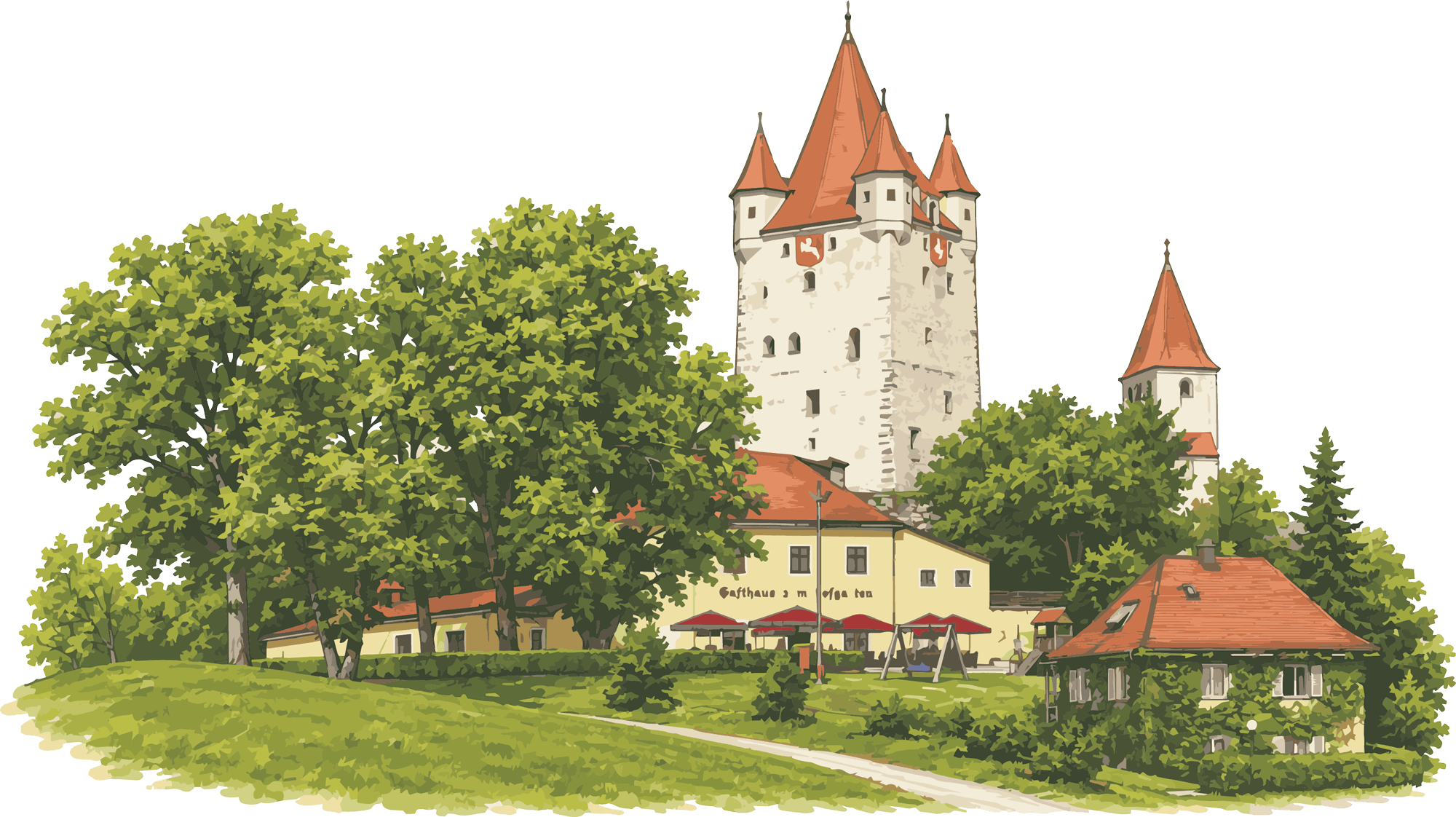 Eine malerische Illustration von Haag in Oberbayern zeigt einen Hügel mit einem Gasthaus namens "Hofgarten", umgeben von Bäumen und einem Kiesweg. Über der Szene thront der markante weiße Turm der Burg Haag mit zwei roten Dächern und einer kleinen Uhr. Der Himmel ist schwarz, was einen Kontrast bildet und die Details des Turms und der Gebäude hervorhebt.